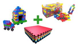 Kit 100 lig barras para montar infantil + 2 tatames antiderrapantes 1x1 + 100 peças de multi blocos para montar infantil