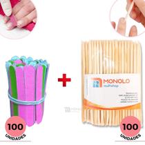Kit 100 Lixas de Unha Mini + 100 Palitos Manicure Pedicure Descartável