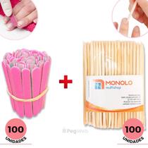 Kit 100 Lixas de Unha Mini + 100 Palitos Manicure Pedicure Descartável