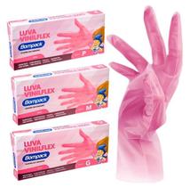 Kit 100 Luvas Plásticas VInilflex Rosa Descartável Tam P M G Resistente TPE S/ Pó Elástica Resistente Bompack
