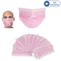 Kit 100 Máscaras Descartáveis Tripla Camada Rosa Claro com C