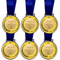 Kit 100 Medalhas, Medalha Honra ao Mérito Personalizada Adesivada, 50mm, com Fita de Cetim Azul