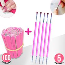 Kit 100 Mini Lixa Unha + 5 Espátula Mista Cutícula Manicure Cutelaria Silicone Rosa Empurrador Palito Aço Inox - Monolo