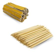 Kit 100 Palitos De Cutículas + 100 Mini Lixas Unhas Manicure