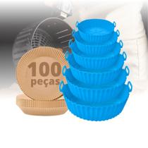 Kit 100 Pçs Forro Antiaderente Forma De Papel P/ Airfryer Mais 6 Forma Silicone Azul Forro Reutilizável Air Fryer Fritadeira