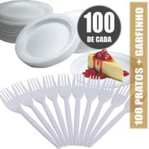 Kit 100 pratos isopor 15cm + 100 garfinhos sobremesa branco