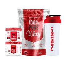 Kit 100% Pure Whey 900g + Creatina Crea+Tech 96g + Pré Treino Uva 100g + Coqueteleira PURETECH Kit 100% Pure Whey 900g + Creatina Crea+Tech 96g + Pré Treino Uva 100g + Coqueteleira PURETECH