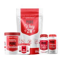 Kit 100% Pure Whey 900g + Creatina Crea+Tech 96g + Pré Treino Uva 100g + Coqueteleira PURETECH Kit 100% Pure Whey 900g + Creatina Crea+Tech 96g + Pré Treino Uva 100g + Coqueteleira PURETECH