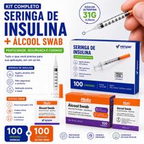 Kit 100 Swab e 100 Seringas de Insulina 1ml 31G Kit 100 Swab e 100 Seringas de Insulina 1ml 31G