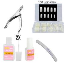 Kit 100 Unhas postiças + Alicate cortador + 2 Cola 10GR + Lixa banana