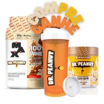 Kit 100% Whey Dr. Peanut Pote 900g Max Titanium + Pasta de Amendoim Dr Peanut 600g + Coqueteleira Dr Peanut