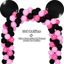 Kit 108 PÇS Balões Festa temática Minnie Rosa + Tira Arco Desconstruído 5 Metros, Aniversário, Balões Estampados N9
