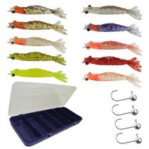 Kit 10pçs Camarão Artificial Jig Head 6cm + Estojo Robalo Matadeira