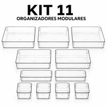 Kit 11 Cestos Multiuso Modular Transparente Organizador de Gavetas Retangular