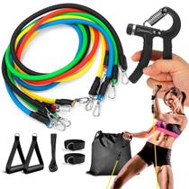 Kit 11 Elásticos Tubing Extensores + Hand Grip Fortalecedor de Mão Punho Fisioterapia Treino em casa
