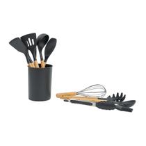 Kit 11 utensílios de cozinha de silicone e madeira com suporte - Oikos