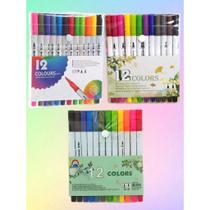 Kit 12/24/36/48/60 Canetas 2 em 1 Brush Lettering e Ponta Fina Dual Pen Canetinha Colorir Desenho