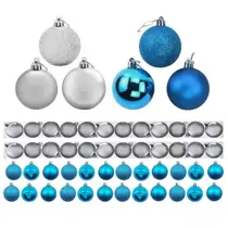 Kit 12 Bolas De Natal Mista 8cm Azul Prata Decoração Árvore
