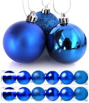 Kit 12 Bolas Natal Mista Glitter, Fosca, Lisa Azul 8cm - Master Christmas
