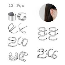 Kit 12 Brincos Feminino Piercings Aço Cirúrgico Prateado