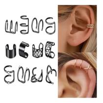 Kit 12 Brincos Piercing de Pressão Orelha Dourado, Prateado e Preto