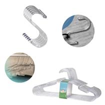 Kit 12 Cabides Acrílico Forte Grande + 12 Transparente em S Gancho Cristal