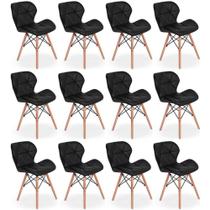 Kit 12 Cadeiras De Jantar Charles Eames Slim Wood Estofada - Preto Kit 12 Cadeiras De Jantar Charles Eames Slim Wood Estofada - Preto