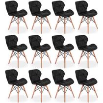 Kit 12 Cadeiras de Jantar Charles Eames Slim Wood Estofada - Preto
