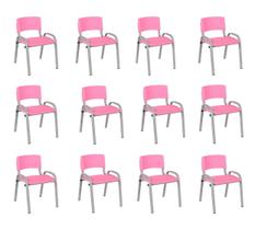Kit 12 Cadeiras Infantil Iso, Escola, Base Cinza- Rosa