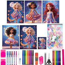 Kit 12 Cadernos Brochurão Princesas 96 Folhas Com 40 Itens
