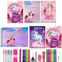 Kit 12 Cadernos Unicórnio Grande A4 Brochurão Capa Dura Com 40 Materiais Escolar