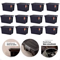 Kit 12 Caixas Contêiner Organizador Multiuso 53 Litros Preto C/ Tampa e Rodas