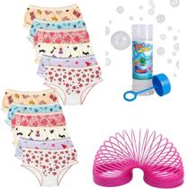 Kit 12 Calcinhas Infantil Estampadas Menina + 1 Mola Maluca + 1 Bolha De Sabão