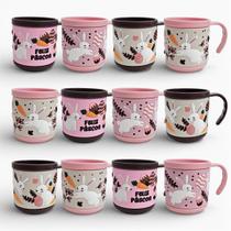 Kit 12 Canecas De Páscoa 200ml Estampas C/ Relevo Coelho 8cm Cor:Marrom-Rosa