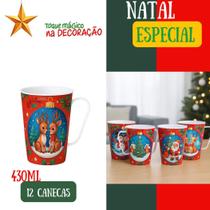 kit 12 Canecas de Plástico Decorada Natal 430ml Modelo Aleatório Caneca Natalina Temática Café Chá Chocolate Presente