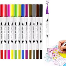 Kit 12 Caneta 2 em 1 Brush Lettering e Ponta Fina Dual Pen Canetinha Colorir Desenho