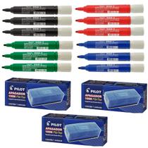 Kit 12 Canetas para Quadro Branco WBM-7 Pilot 4 Cores + 3 Apagadores Flip Top 150n Pilot Ideal Escolas Cursos Colégios