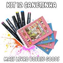 Kit 12 Canetinhas Com Livro De Colorir Capa Dura Marca Texto Duas Pontas Bobbie Goods Stitch