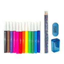 Kit 12 Canetinhas Hidrográfica Jumbo + 2 Lápis HB Gamer Borracha E Apontador - Skypaper