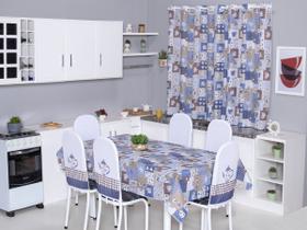 Kit 12 Capas de Cadeira + Toalha de Mesa + Cortina Sala de Jantar Cozinha dos Sonhos Completa Bule Azul