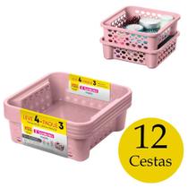 Kit 12 Cestas pequena rosa multiuso empilhável caixa organizadora armário gaveta lavanderia Sanremo