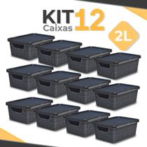 Kit 12 Cesto Caixa Organizadora Jutta 2 Litros Preta C/ Tampa que Encaixa de Plástico - Arqplast