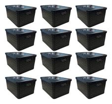 Kit 12 Cesto Caixa Organizadora Rattan 4 Litros Preto Com Tampa Kit 12 Cesto Caixa Organizadora Rattan 4 Litros Preto Com Tampa