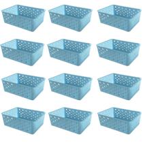 Kit 12 Cestos Organizadores Azul Multiuso Médio Empilhável