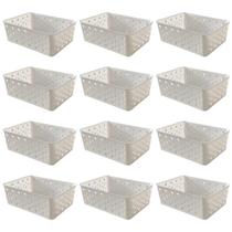 Kit 12 Cestos Organizadores Branco Multiuso Médio Empilhável Gaveta Armário Lavanderia 19x14x6,5