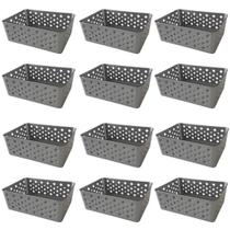 Kit 12 Cestos Organizadores Cinza Multiuso Médio Empilhável