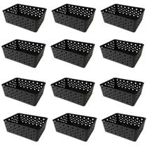 Kit 12 Cestos Organizadores Preto Multiuso Médio Empilhável