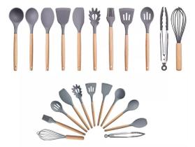 Kit 12 Colheres De Silicone Cabo Madeira Utensílios Cozinha Resistente ao Calor Antiaderente Premium