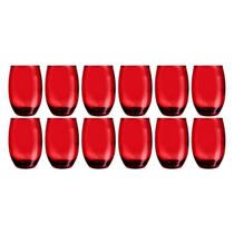 Kit 12 Copos California Redondo Vidro Vermelho Mesa 450ml