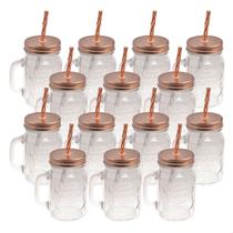 Kit 12 Copos Canecas Vidro Grosso Retrô Vintage Com Tampa e Canudo 500ml
